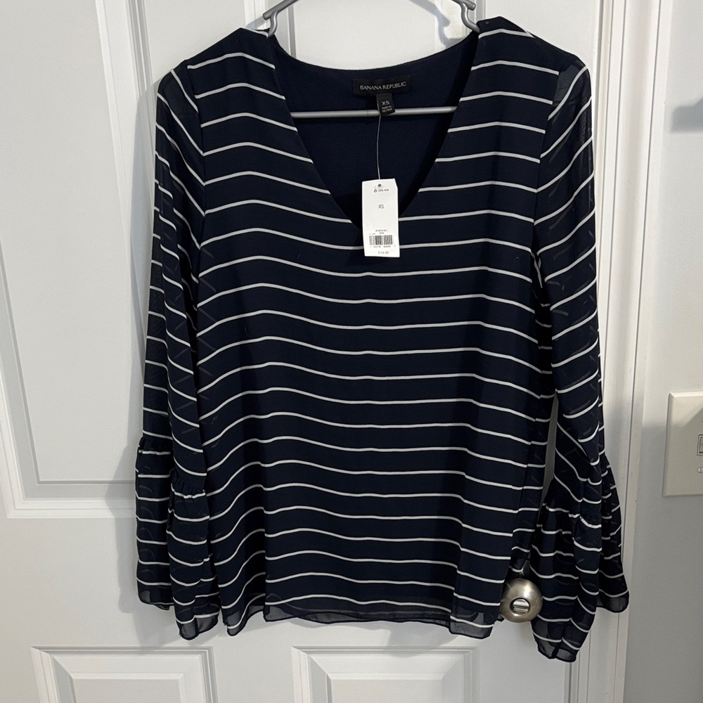 Banana Republic Dark Blue and White Striped Blouse XS NWT